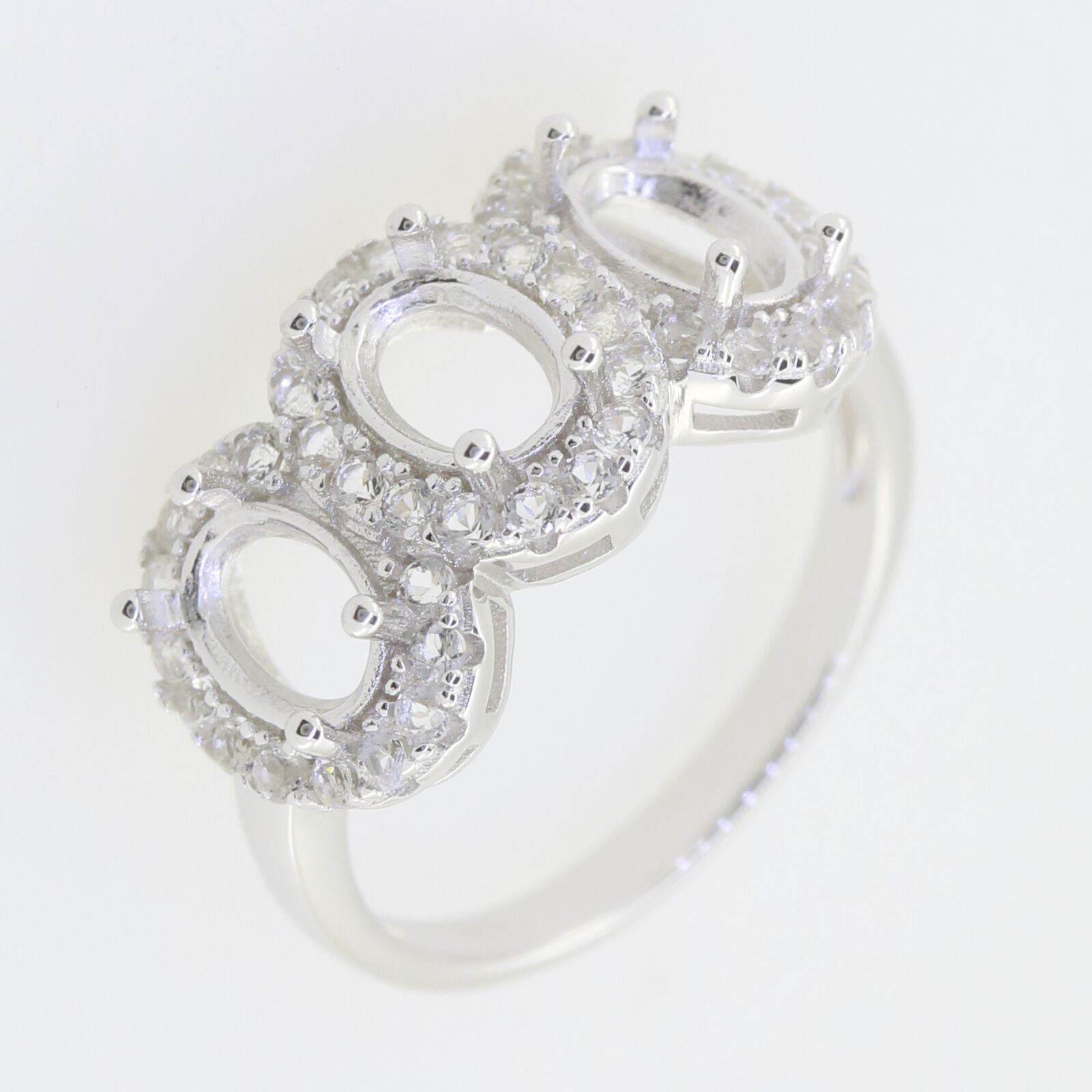 14K White Gold Semi Mount Ring Setting Oval OV 7x5mm 3 Stone Halo Engagement - Syzjewelry