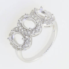 14K White Gold Semi Mount Ring Setting Oval OV 7x5mm 3 Stone Halo Engagement - Syzjewelry