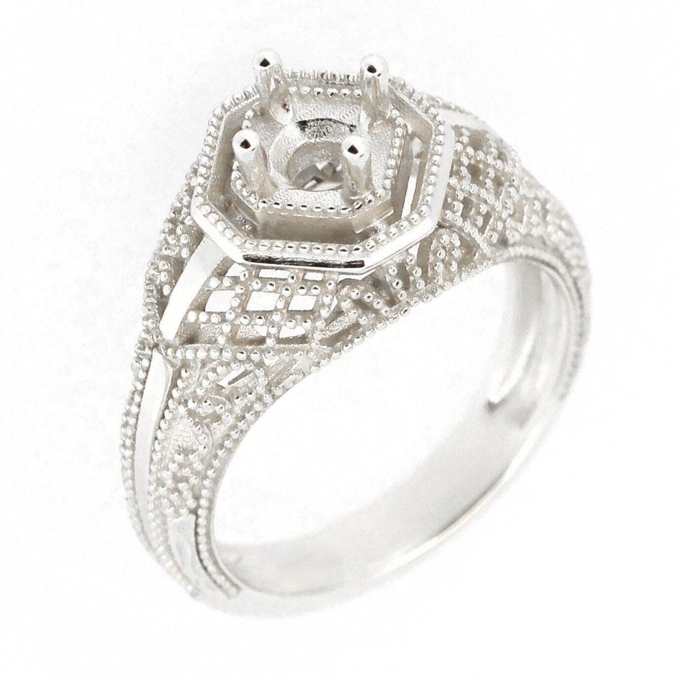 Art Deco Style Sterling Silver Semi Mount Ring Setting Round RD 5x5mm - Syzjewelry