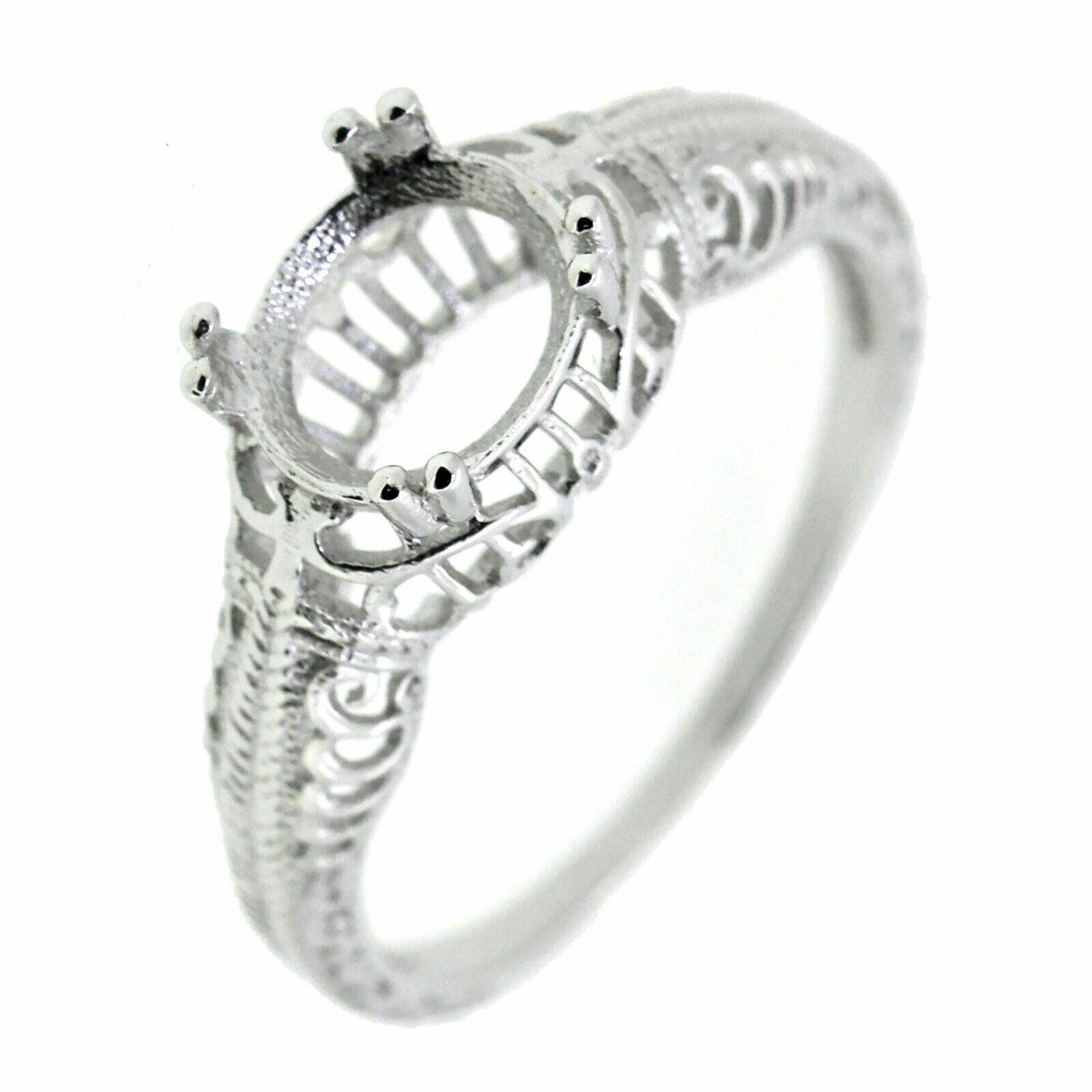 Art Deco Style Sterling Silver Semi Mount Ring Setting Oval OV 7x5mm Filigree - Syzjewelry