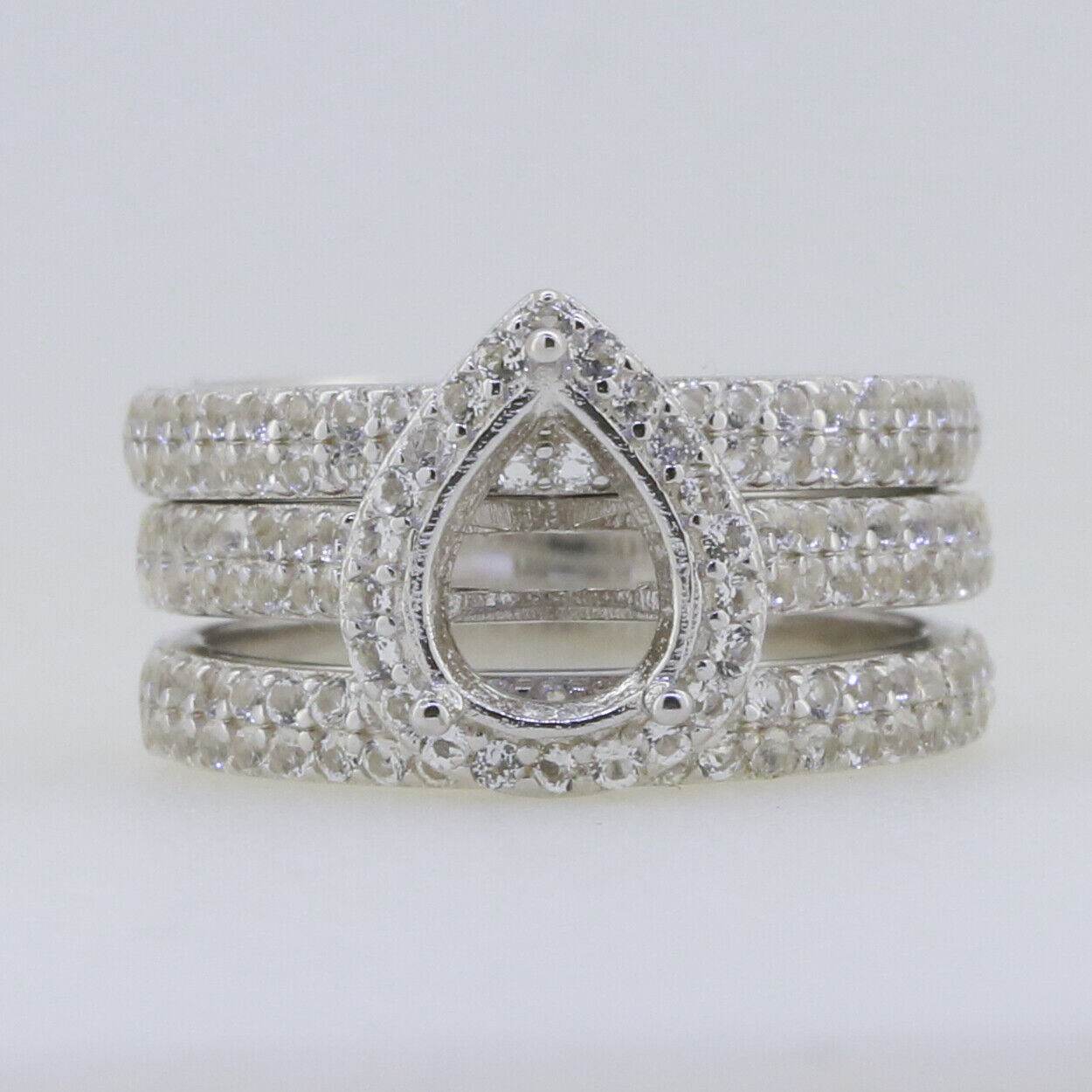 3 piece Set Sterling Silver Semi Mount Ring Setting Pear PE 9x7mm Whi - Syzjewelry