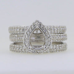 3 piece Set Sterling Silver Semi Mount Ring Setting Pear PE 9x7mm Whi - Syzjewelry