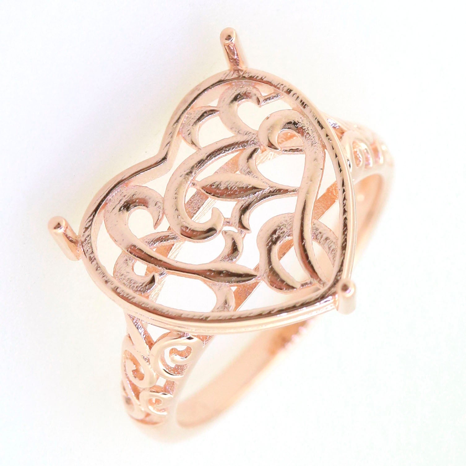 Art Deco Sterling Silver Semi Mount Ring Setting Heart HT 15x15mm Cab Syzjewelry