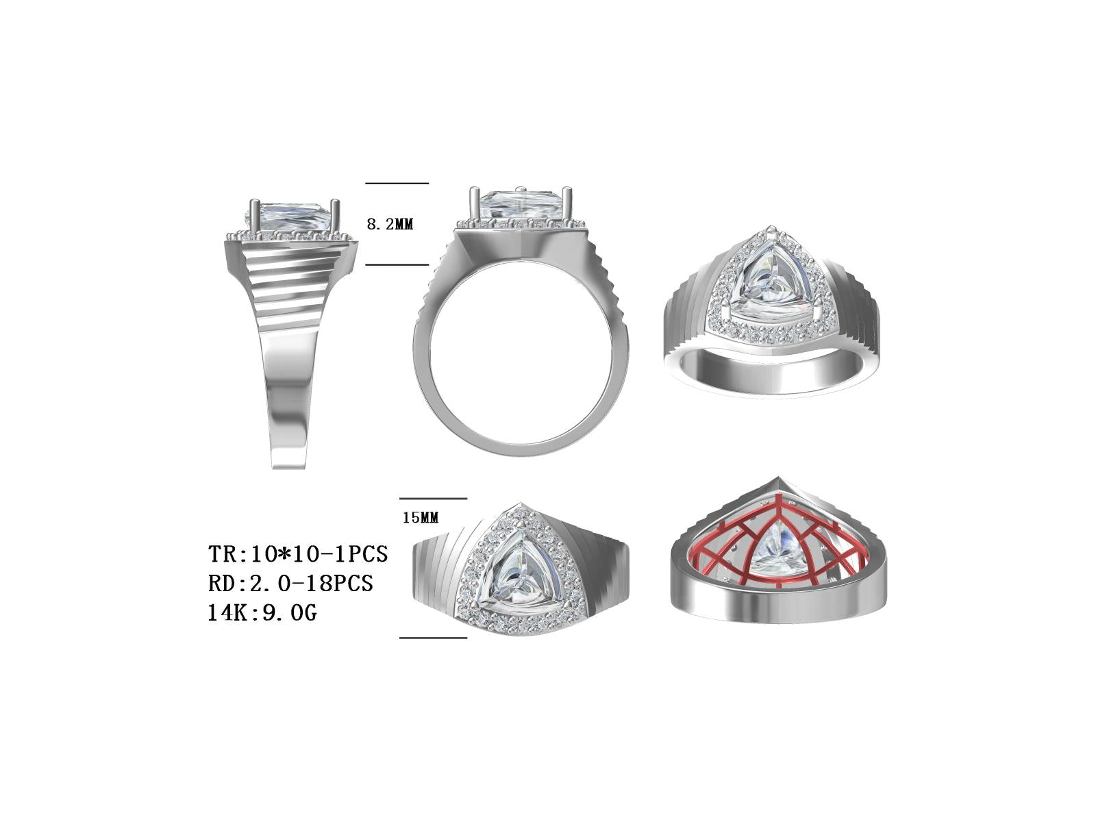 Men's Sterling Silver Semi Mount Ring Setting Trillion Tri 10x10mm Halo Syzjewelry