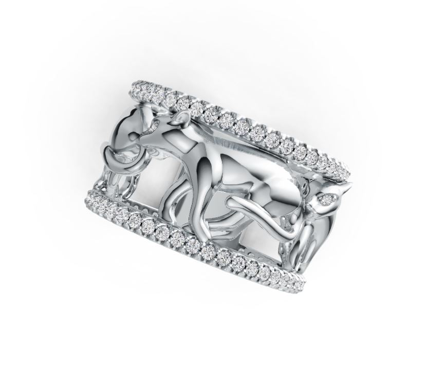 Sterling Silver Ring with White Topaz or Moissanite Walking Panther Theme DHJ