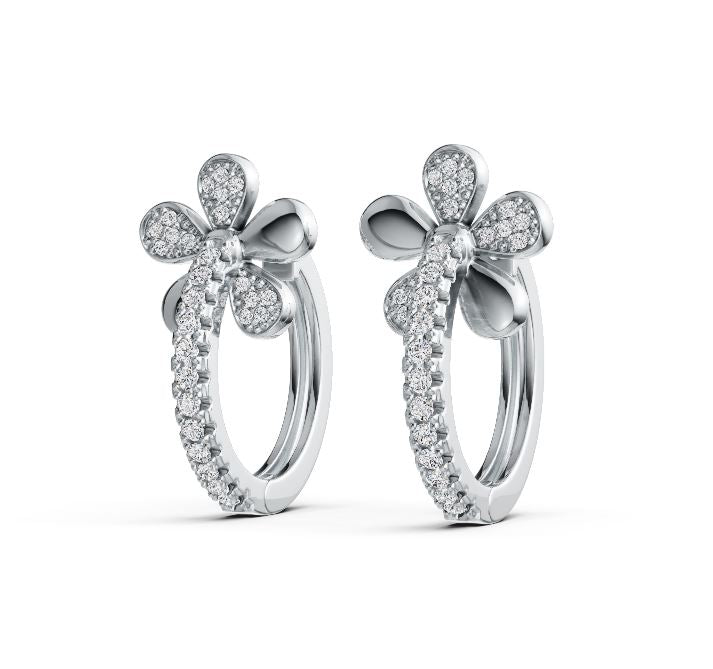 Sterling Silver Hoop Earrings with White Topaz or Moissanite Flower Theme Syzjewelry