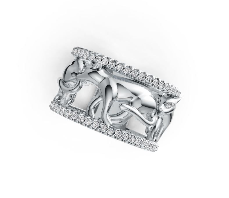 Sterling Silver Ring with White Topaz or Moissanite Walking Panther Theme DHJ