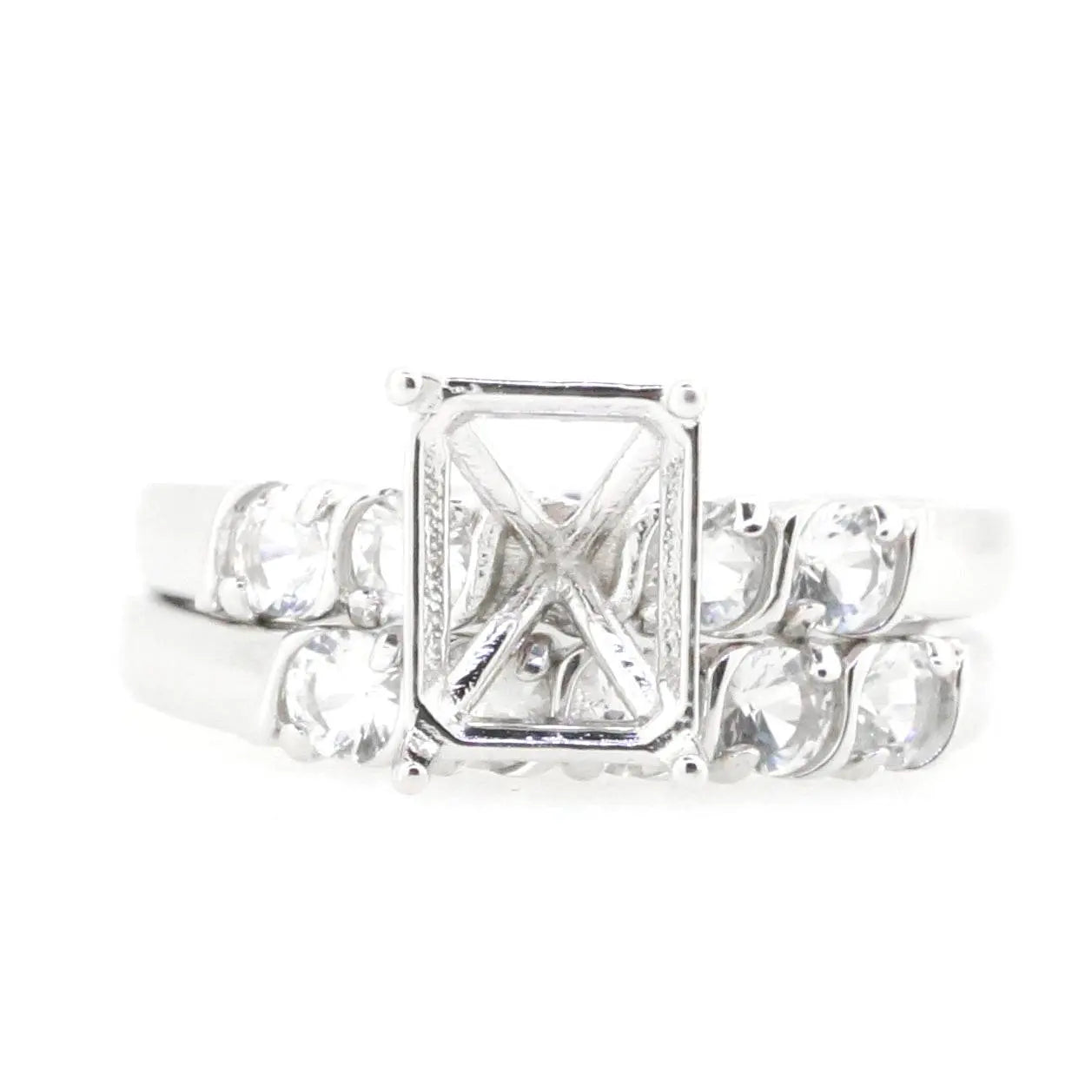 2 Piece Set Sterling Silver Semi Mount Ring Setting Emerald OCT 7x5mm 5 Stones - Syzjewelry