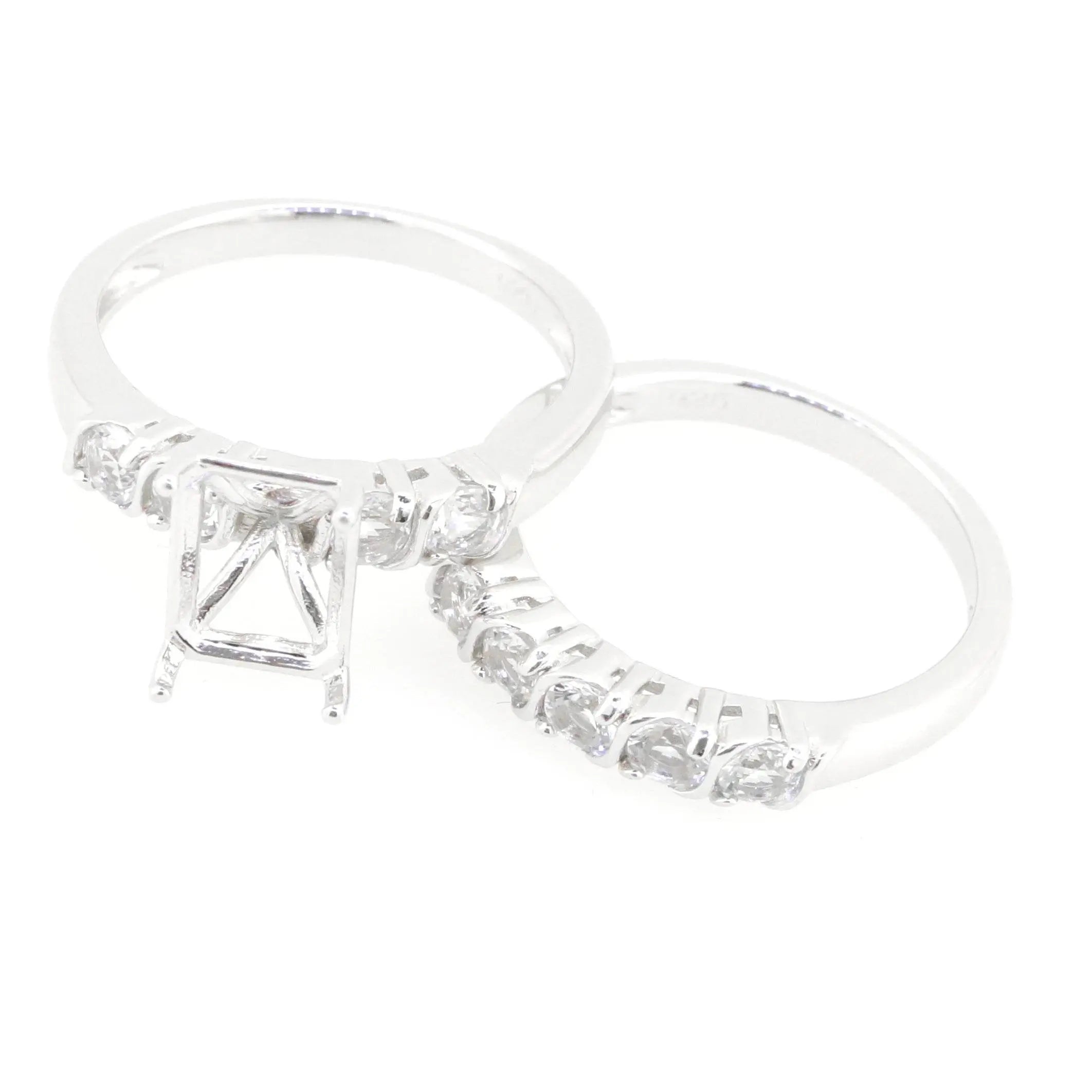 2 Piece Set Sterling Silver Semi Mount Ring Setting Emerald OCT 7x5mm 5 Stones - Syzjewelry