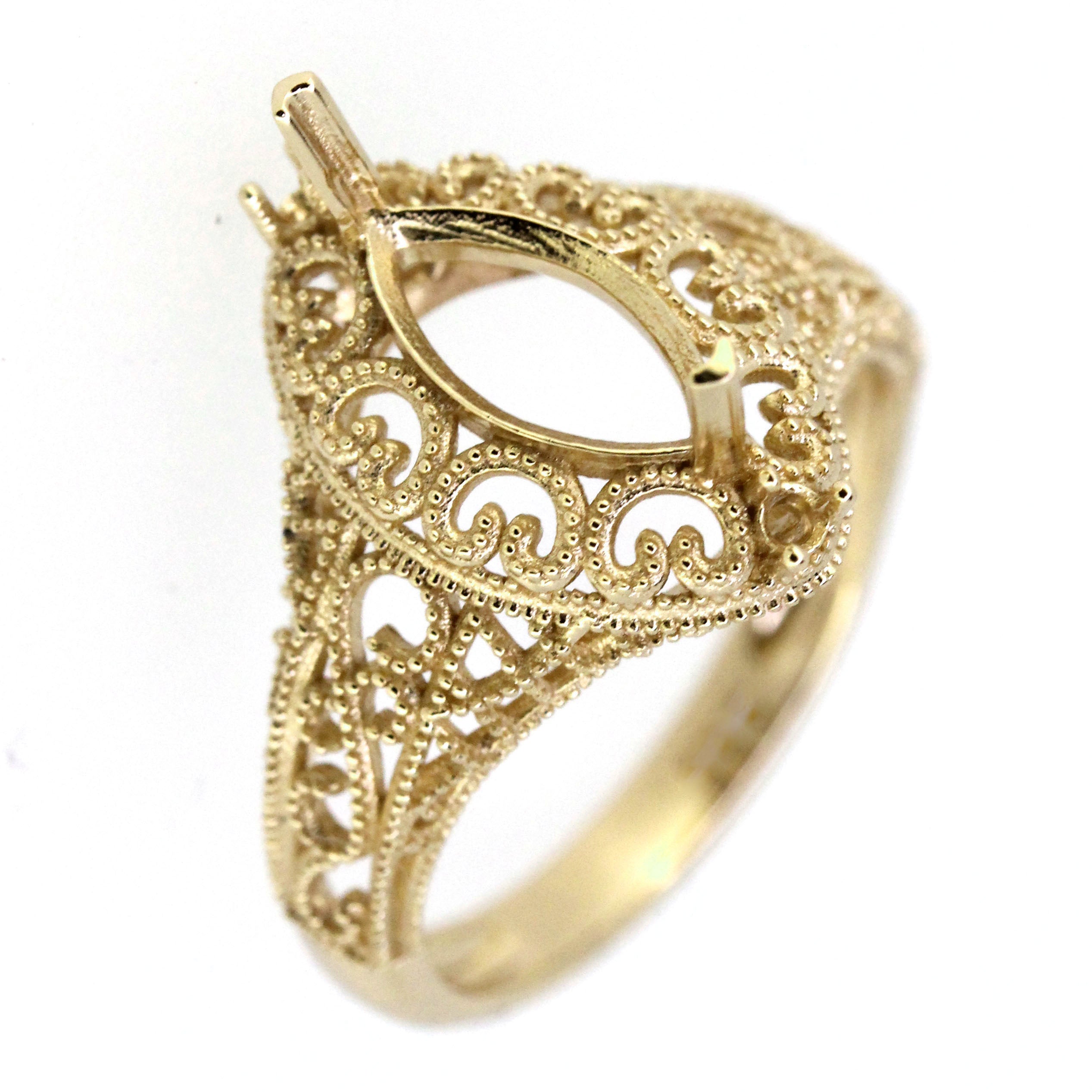 14K Gold Semi Mount Ring Setting Marquise Diamond MQ 10x5mm Art Deco Style Syzjewelry