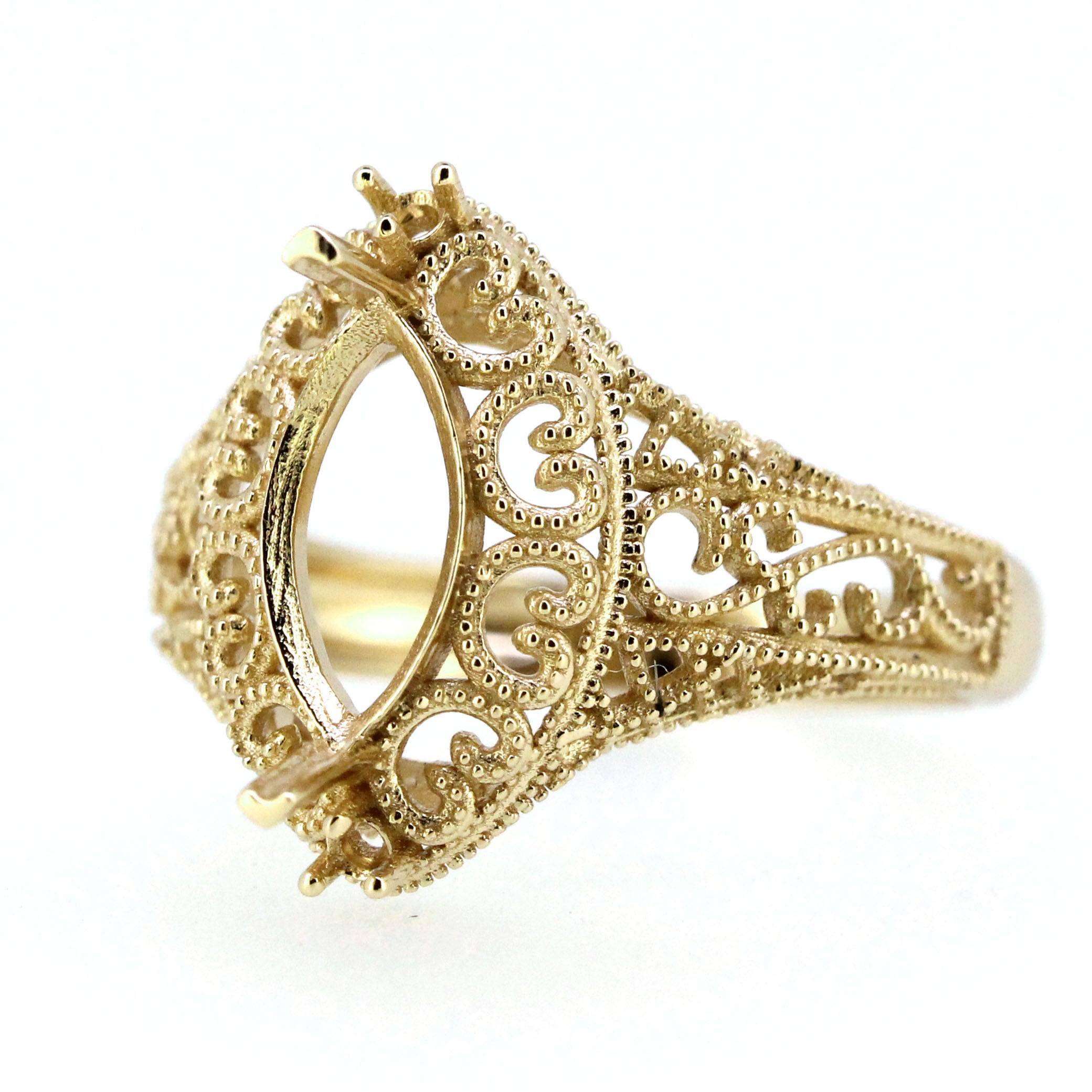 14K Gold Semi Mount Ring Setting Marquise Diamond MQ 10x5mm Art Deco Style Syzjewelry