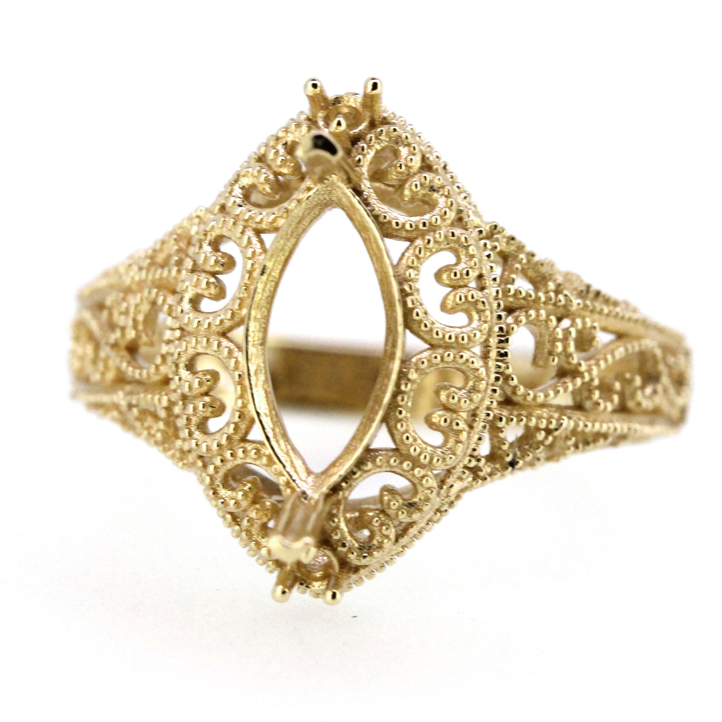 14K Gold Semi Mount Ring Setting Marquise Diamond MQ 10x5mm Art Deco Style Syzjewelry