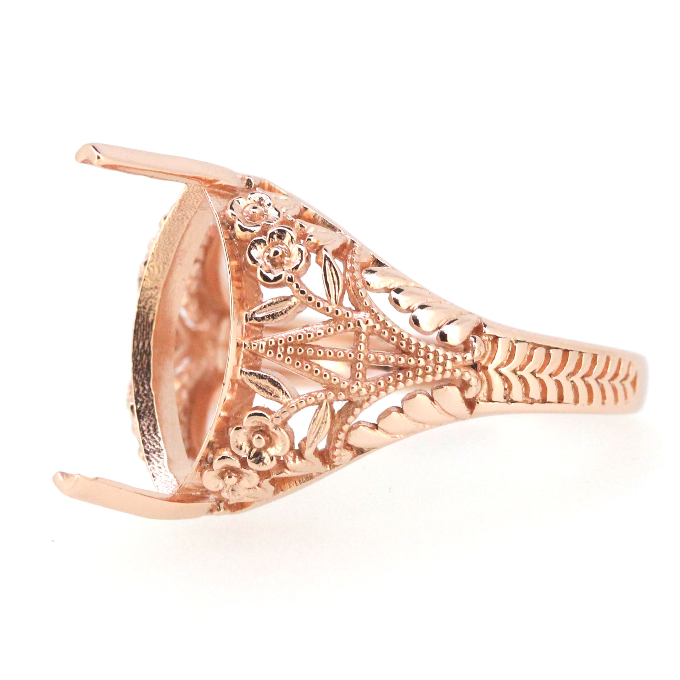 14K Gold Semi Mount Ring Setting Marquise Diamond MQ 14x7mm Art Deco Style Syzjewelry