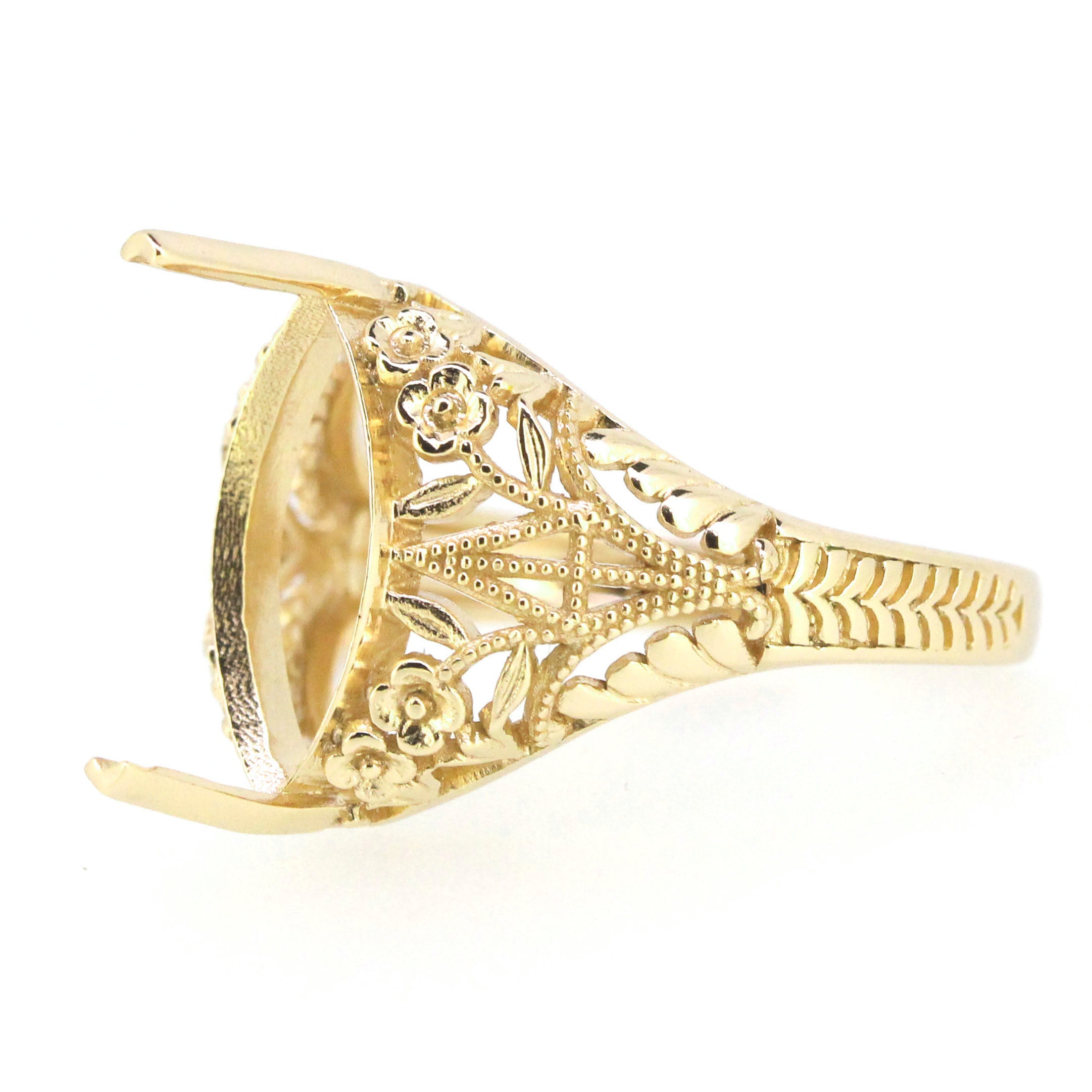14K Gold Semi Mount Ring Setting Marquise Diamond MQ 14x7mm Art Deco Style Syzjewelry