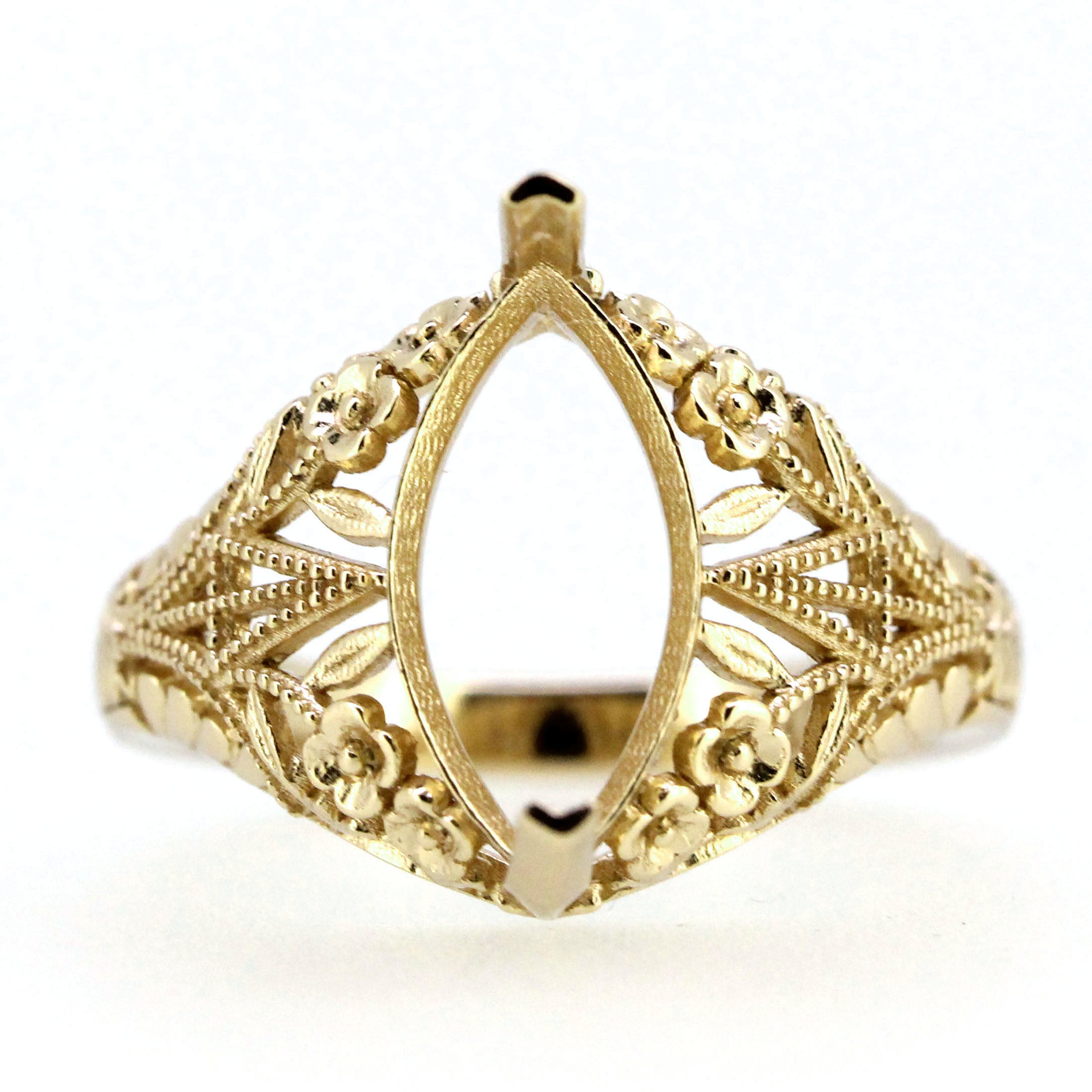 14K Gold Semi Mount Ring Setting Marquise Diamond MQ 14x7mm Art Deco Style Syzjewelry