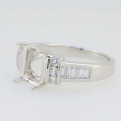 Sterling silver semi mount ring setting featuring a 9x7mm emerald-cut design with white topaz accents.