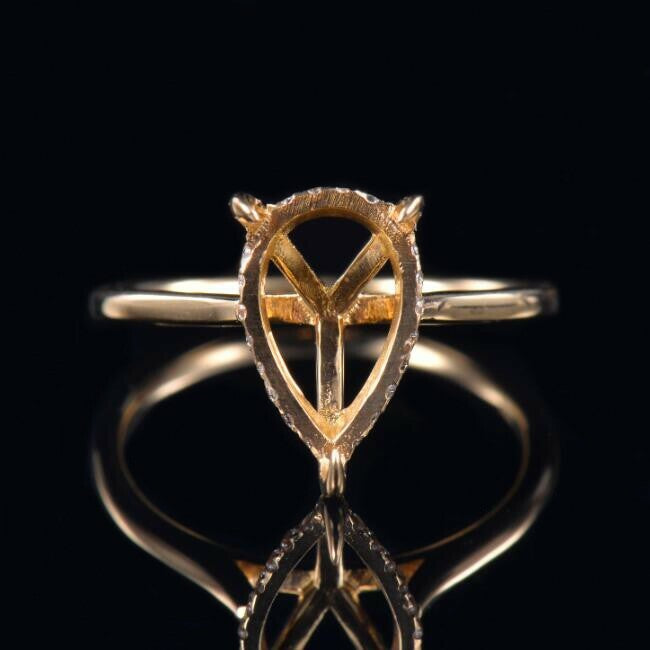 Customized 14K Gold Semi Mount Ring Setting Pear Cut 14x10x6.7mm with Hidden Halo 2mm Band Moissanite Syzjewelry