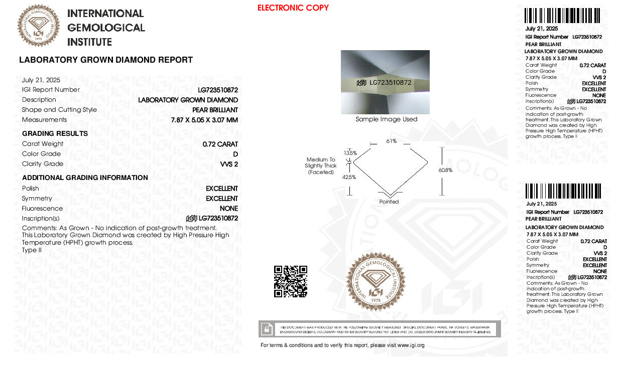 Loose CVD Diamond Pear Brilliant Cut 0.72 Carat D Color VVS2 7.87 X 5.05 X 3.07 MM IGI Certification Syzjewelry