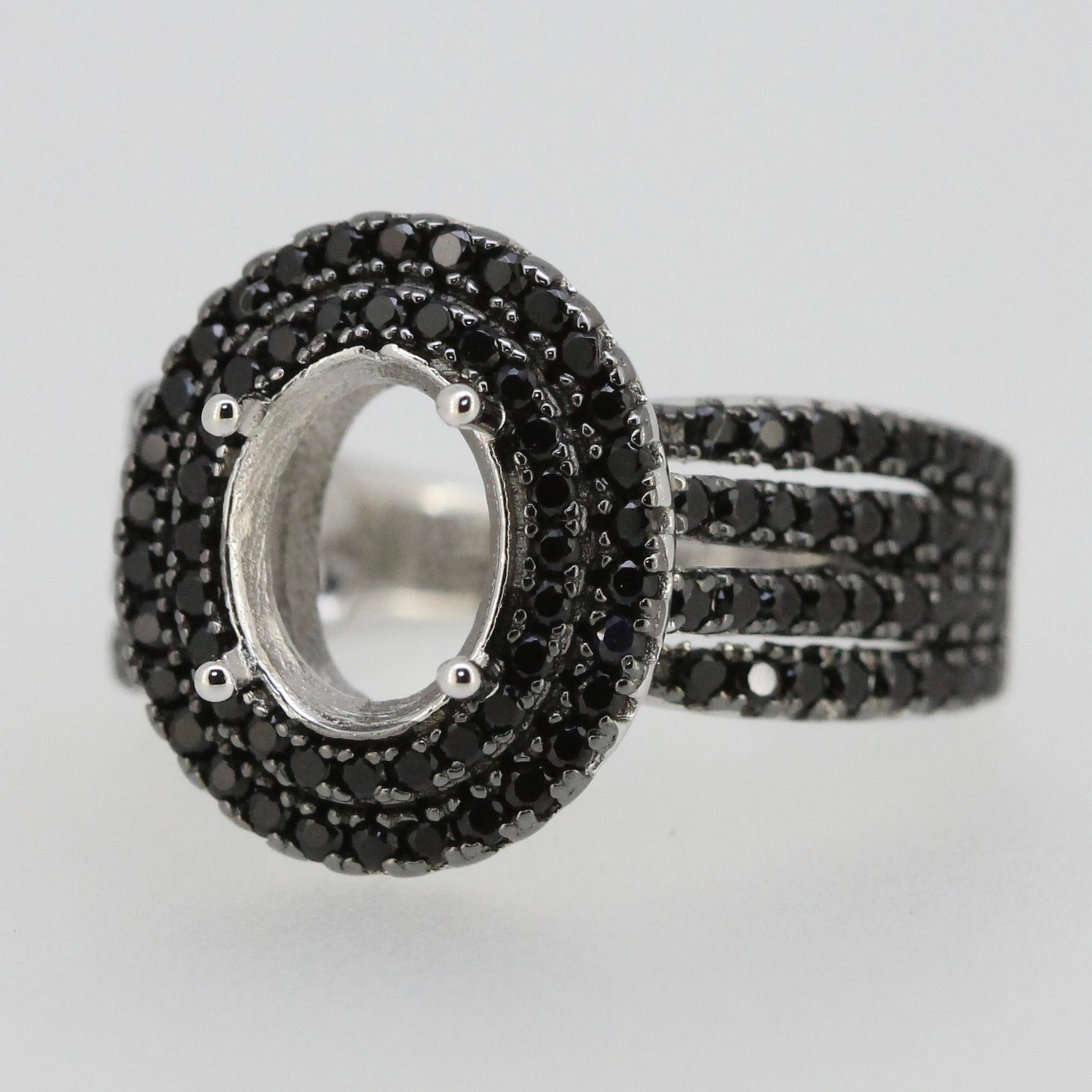 Sterling Silver Semi Mount Ring Setting OV 9X7mm Black Spinel Double Halo Moissanite Topaz or Diamond Syzjewelry