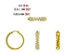 Gold hoop earrings with 1.5mm stones and detailed design, featuring a 925 sterling silver hallmark.