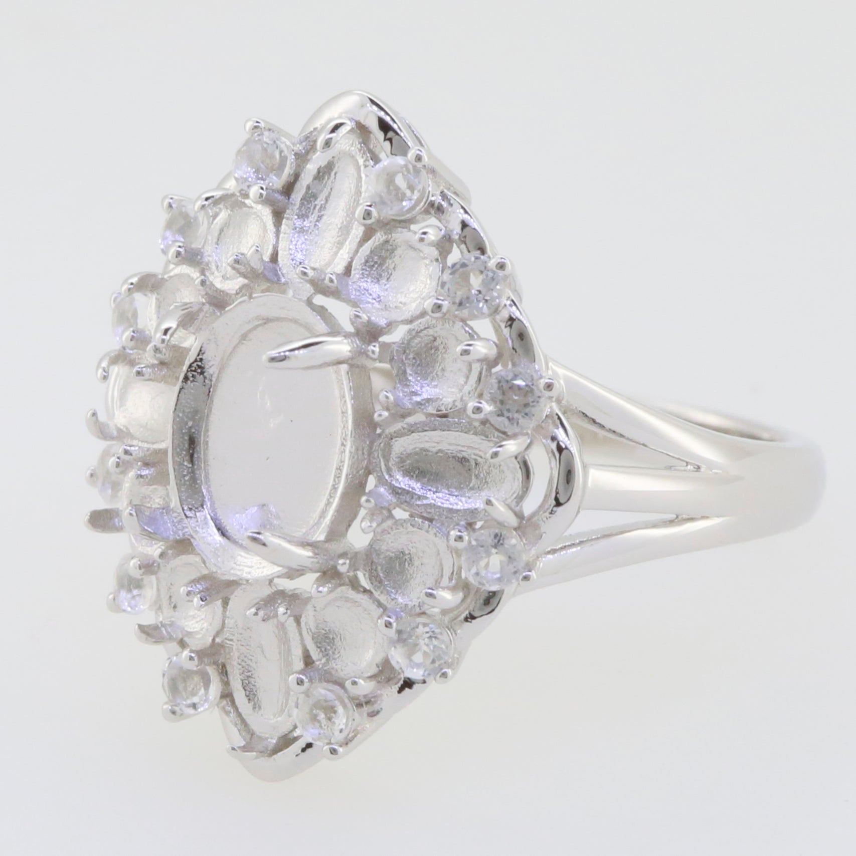 Sterling Silver Semi Mount Ring Setting Cab Oval OV 9X7mm OV 5x3mm RD3x3 Floral Cluster Statement Ring DHJ