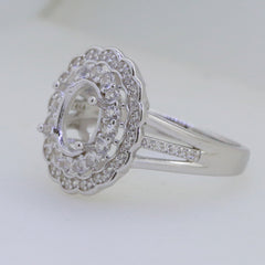 Sterling Silver Semi Mount Ring Setting Oval OV 9x7mm White Topaz Double Halo Syzjewelry