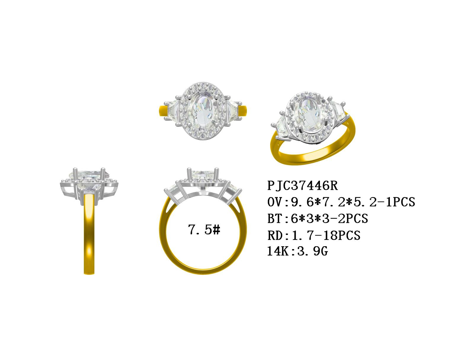 14K White Gold and Yellow Gold Semi Mount Ring Setting OV 9.6x7.2x5.2mm with Natural Diamond Accents Size 7.5 Syzjewelry