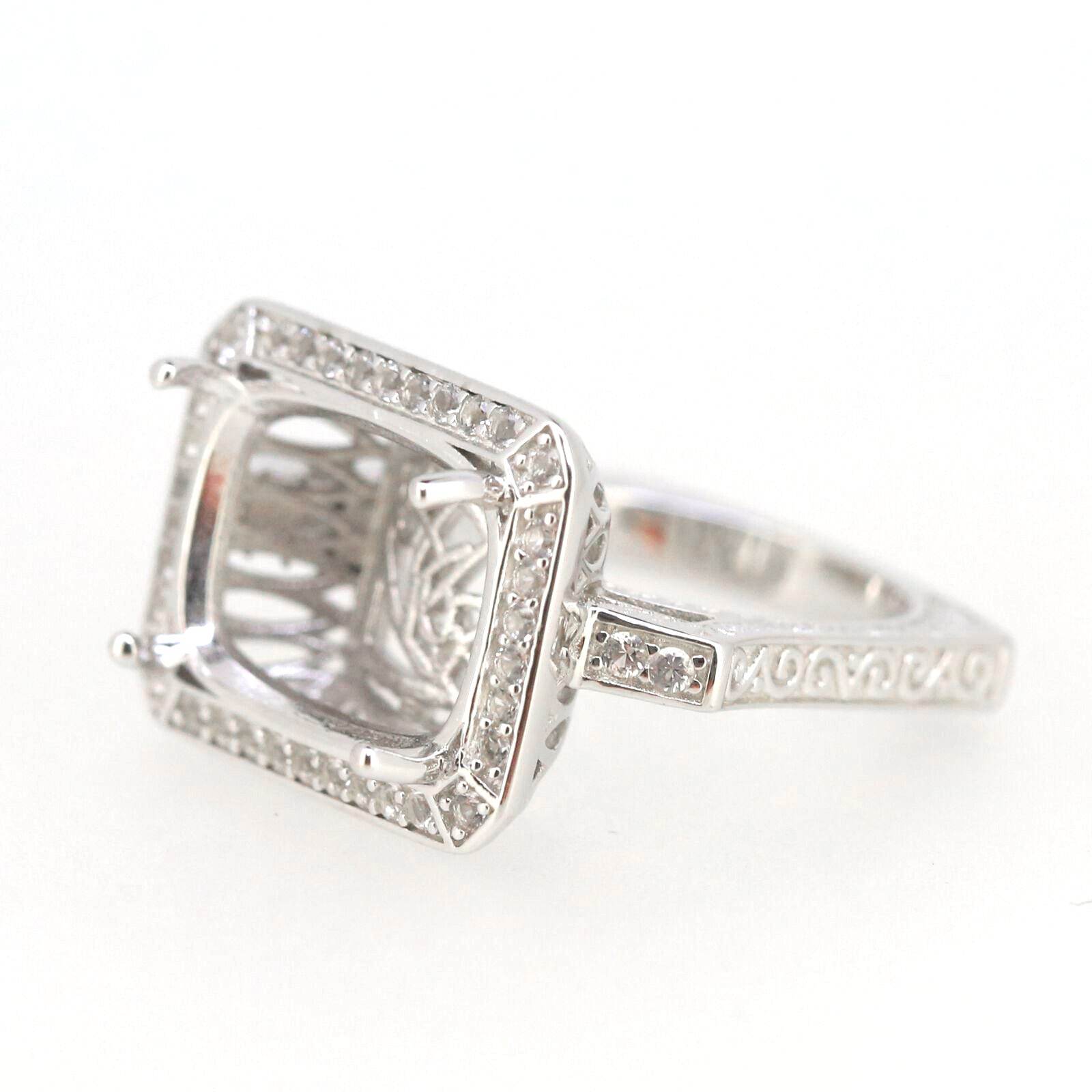 Sterling Silver Semi Mount Ring Setting Cushion CU 16x12mm Euro Shank Halo with White Topaz East West - Syzjewelry