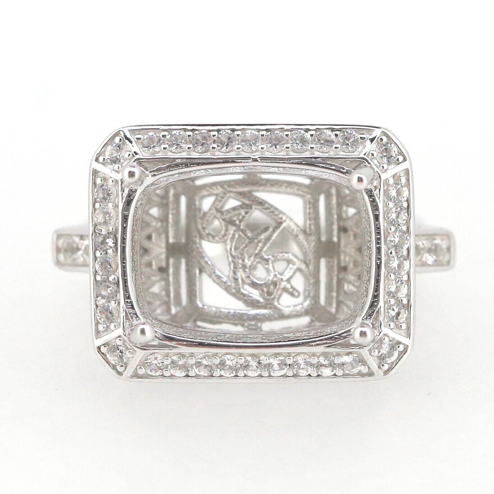 Sterling Silver Semi Mount Ring Setting Cushion CU 16x12mm Euro Shank Halo with White Topaz East West - Syzjewelry