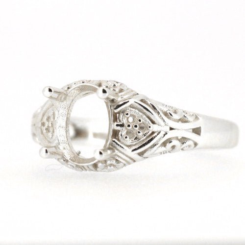 Sterling Silver Semi Mount Ring Setting Oval OV 8x6mm Art Deco Style - Syzjewelry