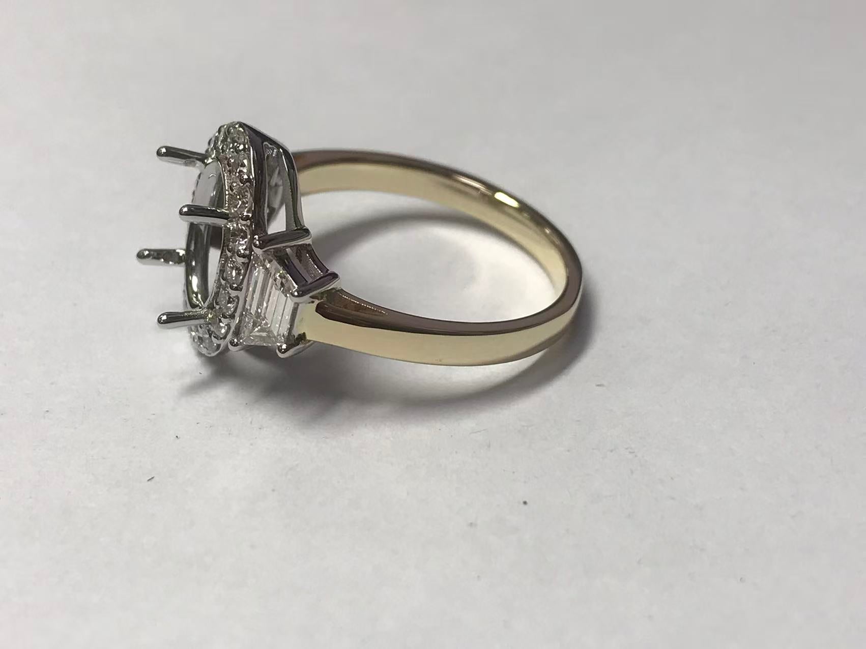 14K White Gold and Yellow Gold Semi Mount Ring Setting OV 9.6x7.2x5.2mm with Natural Diamond Accents Size 7.5 Syzjewelry