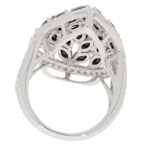 Black Spinel Sterling Silver Cluster Ring with Halo White Topaz - Syzjewelry