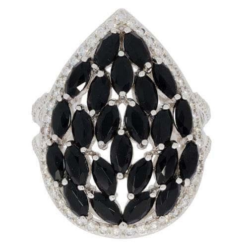 Black Spinel Sterling Silver Cluster Ring with Halo White Topaz - Syzjewelry