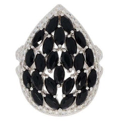 Black Spinel Sterling Silver Cluster Ring with Halo White Topaz - Syzjewelry