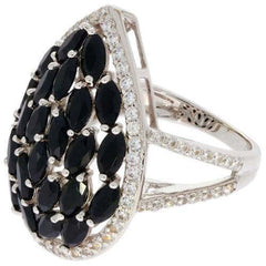 Black Spinel Sterling Silver Cluster Ring with Halo White Topaz - Syzjewelry