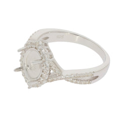 Sterling Silver Semi Mount Ring Setting Oval OV 9X7mm Cabochon Crisscross Shank Halo with White Topaz