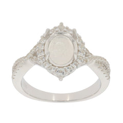 Sterling Silver Semi Mount Ring Setting Oval OV 9X7mm Cabochon Crisscross Shank Halo with White Topaz