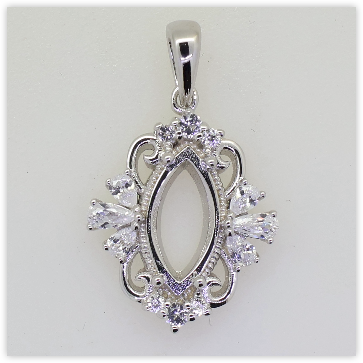 Sterling Silver Semi Mount Pendant Setting Marquise MQ 12x6mm Fleur de Lis Syzjewelry
