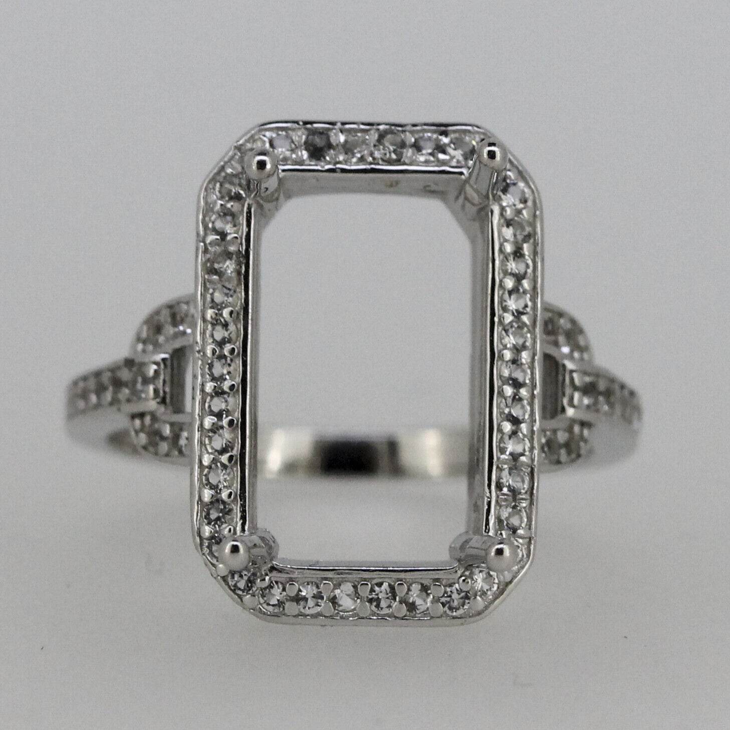 Sterling Silver Semi Mount Ring Setting Emerald OCT 14x8mm Halo White Topaz - Syzjewelry