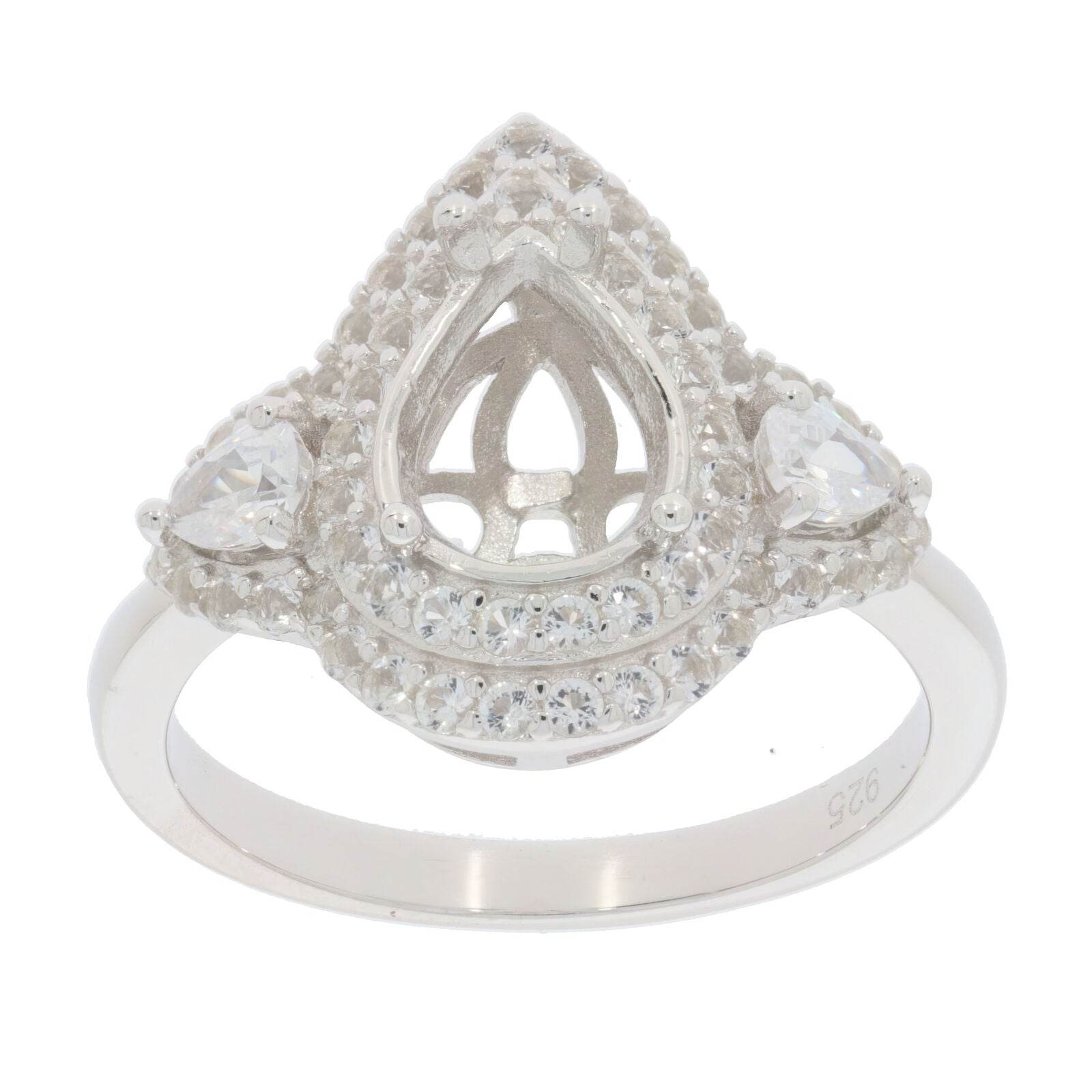 Sterling Silver Semi Mount Ring Setting Pear PE 9X7mm Double Halo - Syzjewelry