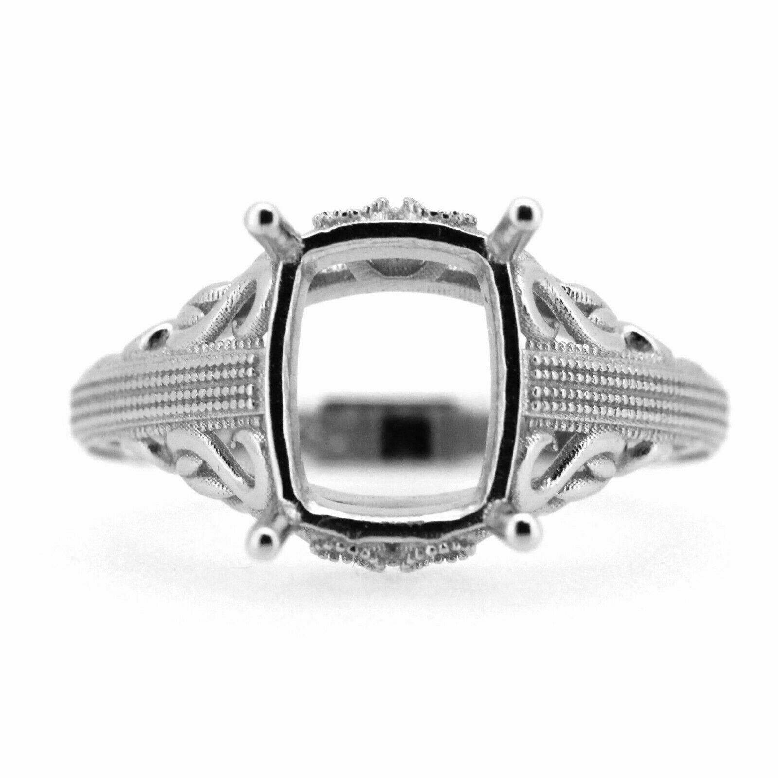 Art Deco Style Sterling Silver Semi Mount Ring Setting Cushion Cu 10x8mm - Syzjewelry