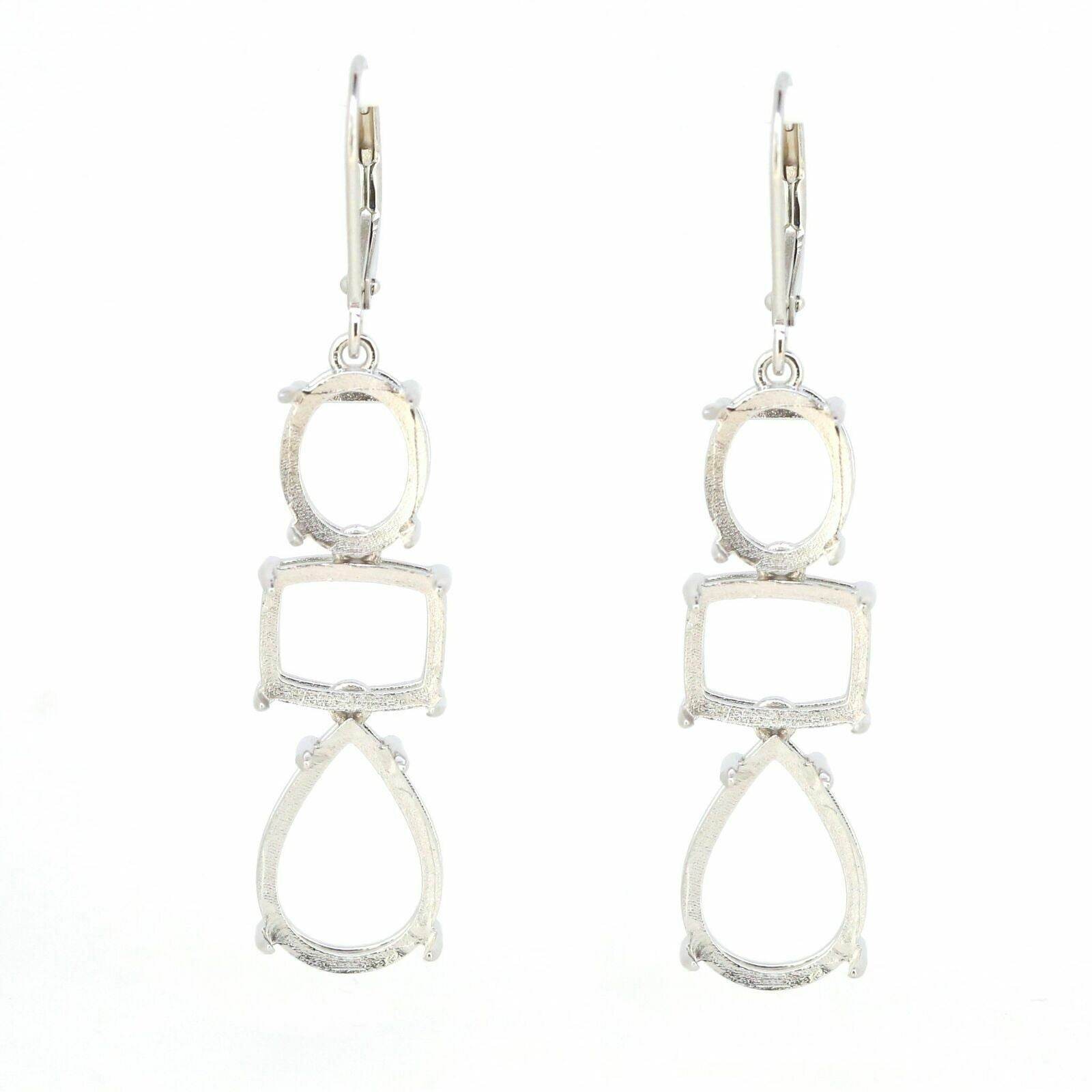 14K White Gold Semi Mount Earrings Setting PE 14x10 OV 10x8 Cu10x8mm Cab Dangle - Syzjewelry