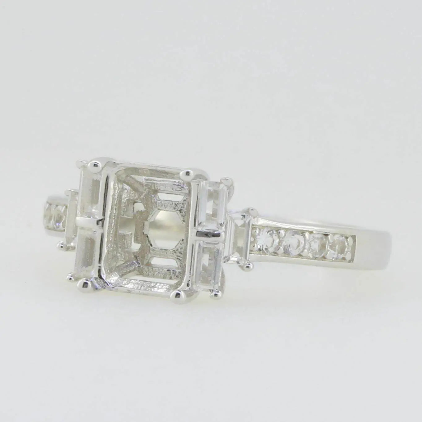 Sterling Silver Semi Mount Ring Setting Emerald OCT 8X6mm Bag 3x1.5mm White Topaz - Syzjewelry