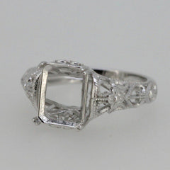 Filigree Sterling Silver Semi Mount Ring Setting Emerald OCT 9x7mm - Syzjewelry