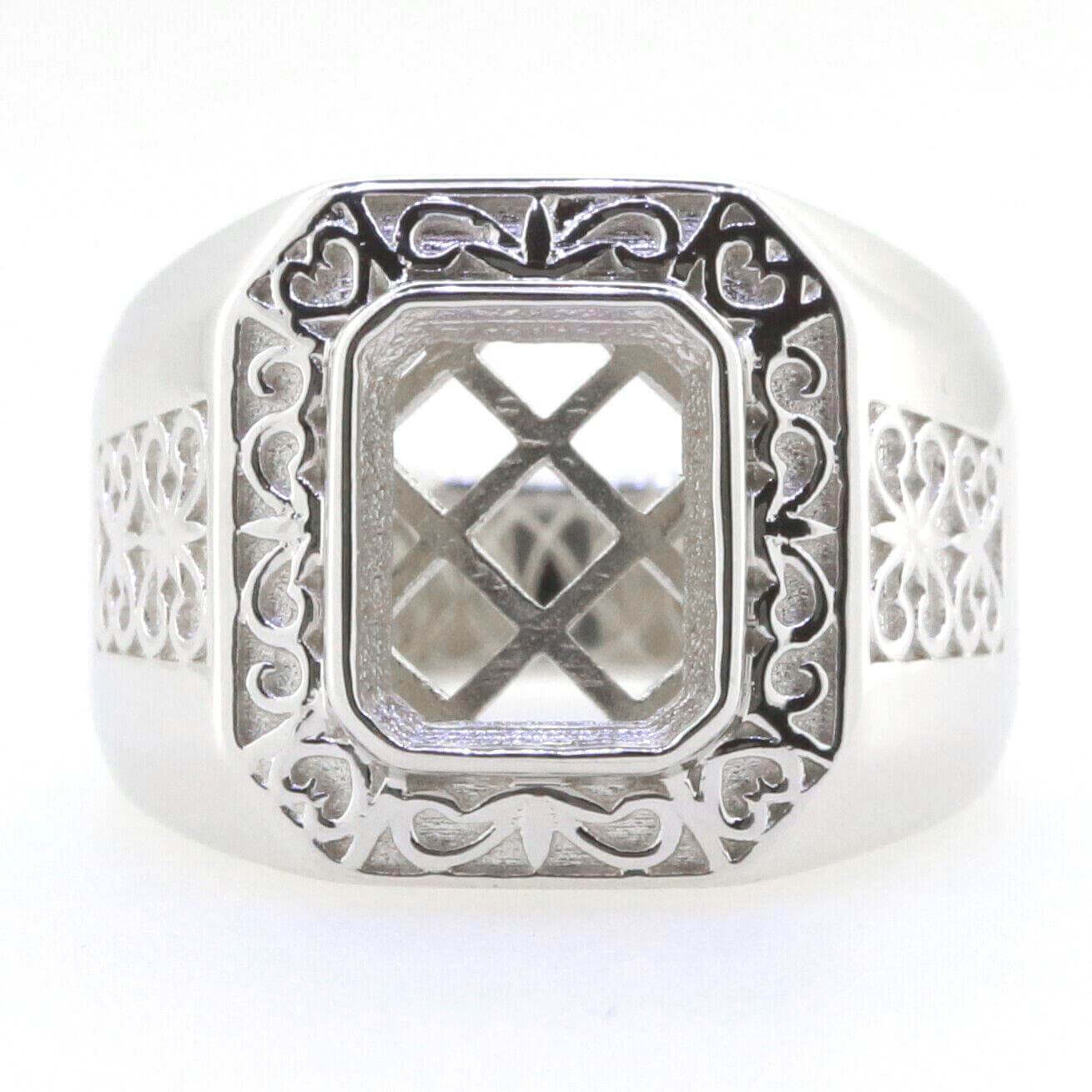 Sterling Silver Semi Mount Ring Setting Emerald OCT 10x8mm Men's Ring Bezel Fleur de lis Ring - Syzjewelry