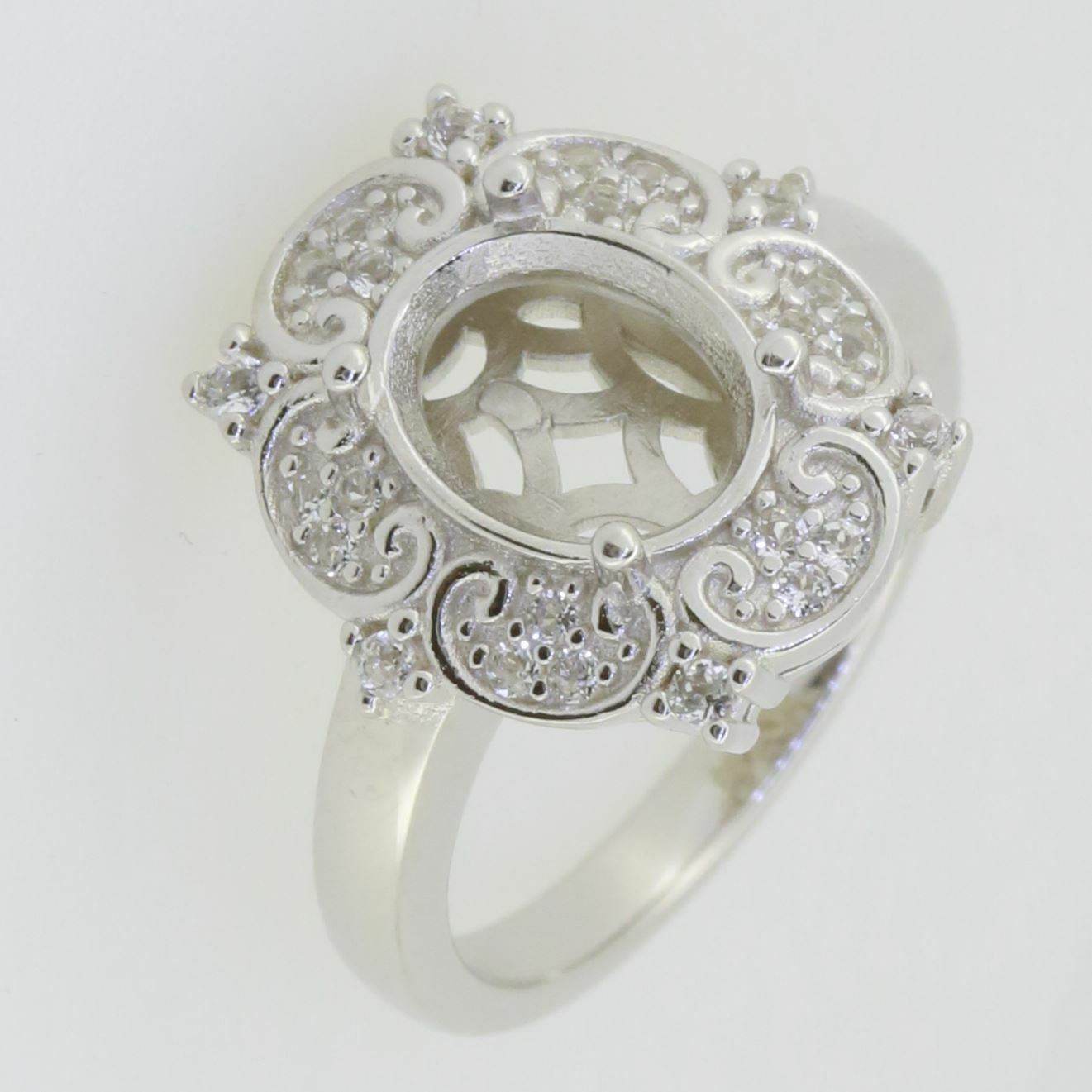 Sterling Silver Semi Mount Ring Setting Oval OV 10x8mm Halo Art Nouveau Style - Syzjewelry