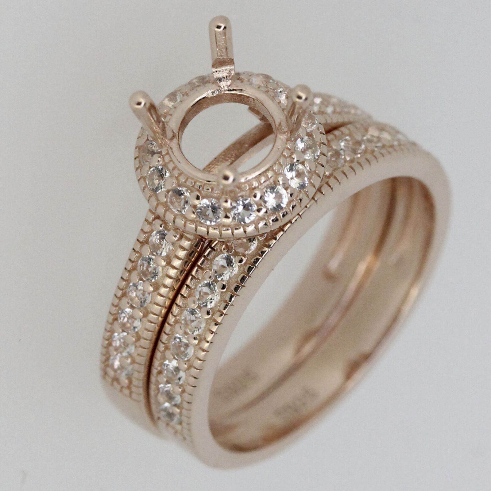 2 Piece 14K Rose Gold Semi Mount Ring Setting Round RD 6.5x6.5mm Halo Engagement - Syzjewelry