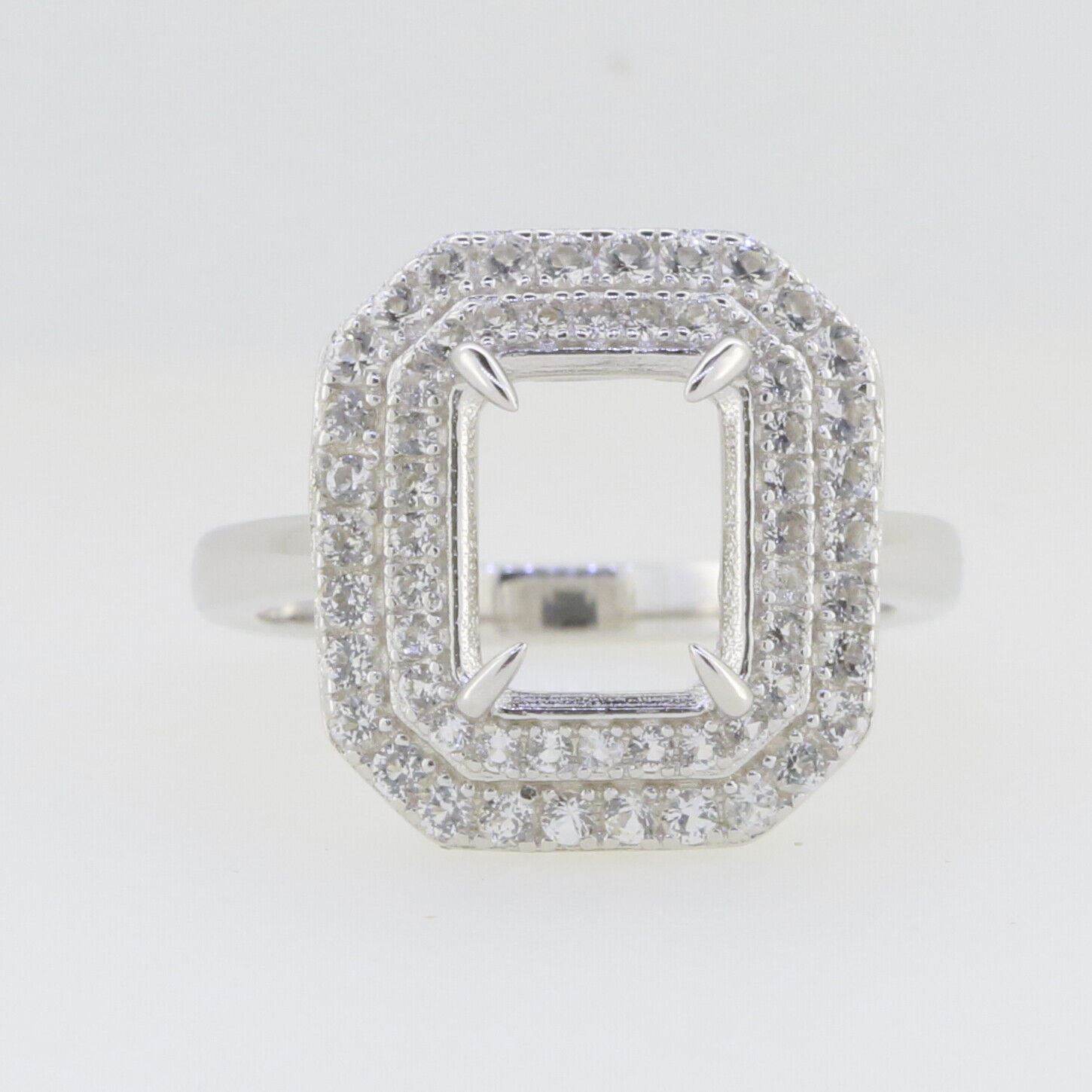 Sterling Silver Semi Mount Ring Setting Emerald OCT 10x8mm Double Halo - Syzjewelry