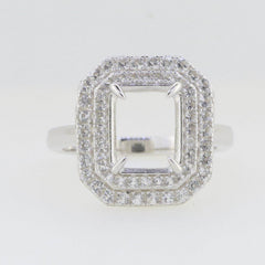 Sterling Silver Semi Mount Ring Setting Emerald OCT 10x8mm Double Halo - Syzjewelry