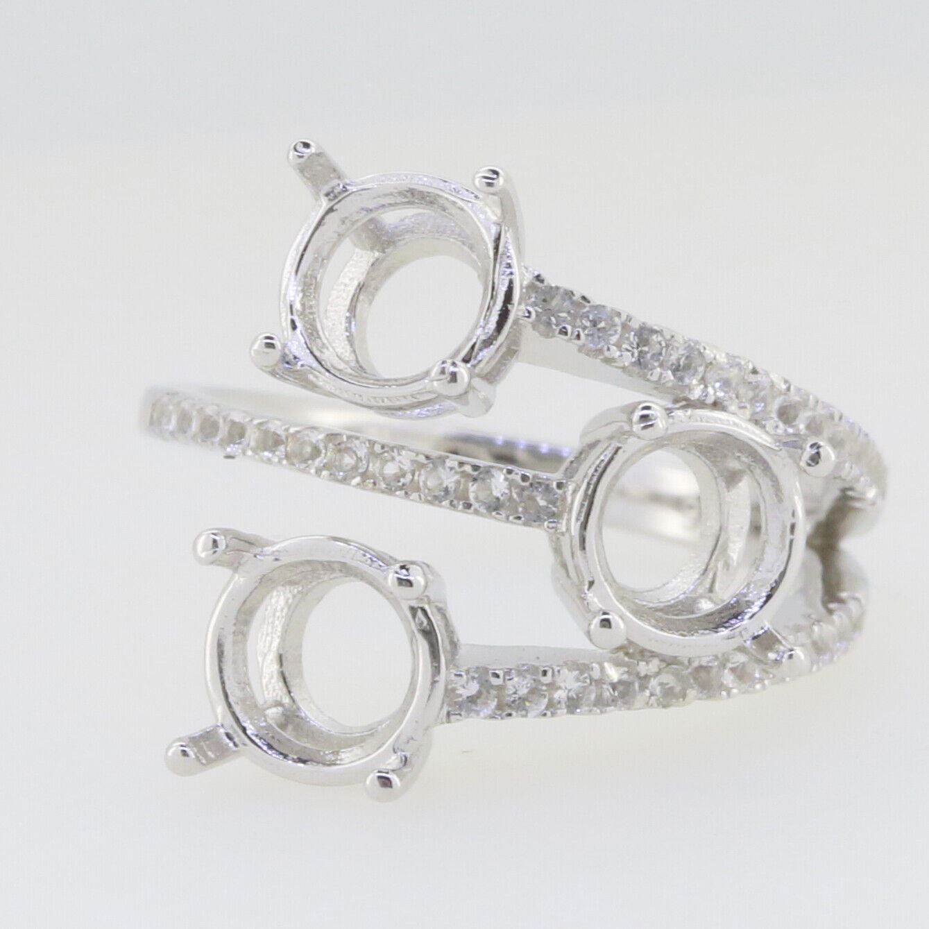 Sterling Silver Semi Mount Ring Setting Round RD 7x7mm Three Stones Bypass Ring - Syzjewelry